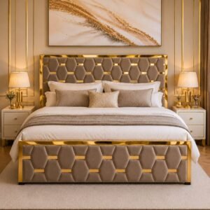 Luxury  Bed Frame with 54" Gold Trim Headboard | Plush Fabric Bed Frame with Soft Padded Headboard | Sturdy Wooden Construction | Hotel-Style Tufted Design for Elegant Bedroom Comfort