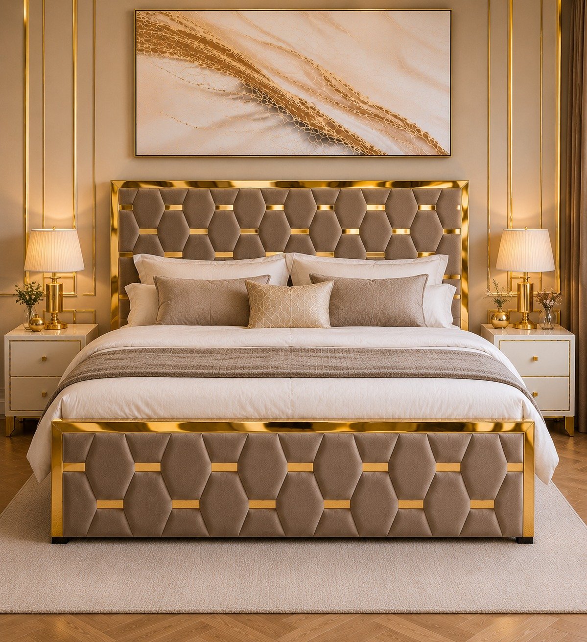 Luxury Bed Frame with 54" Gold Trim Headboard | Plush Fabric Bed Frame with Soft Padded Headboard | Sturdy Wooden Construction | Hotel-Style Tufted Design for Elegant Bedroom Comfort