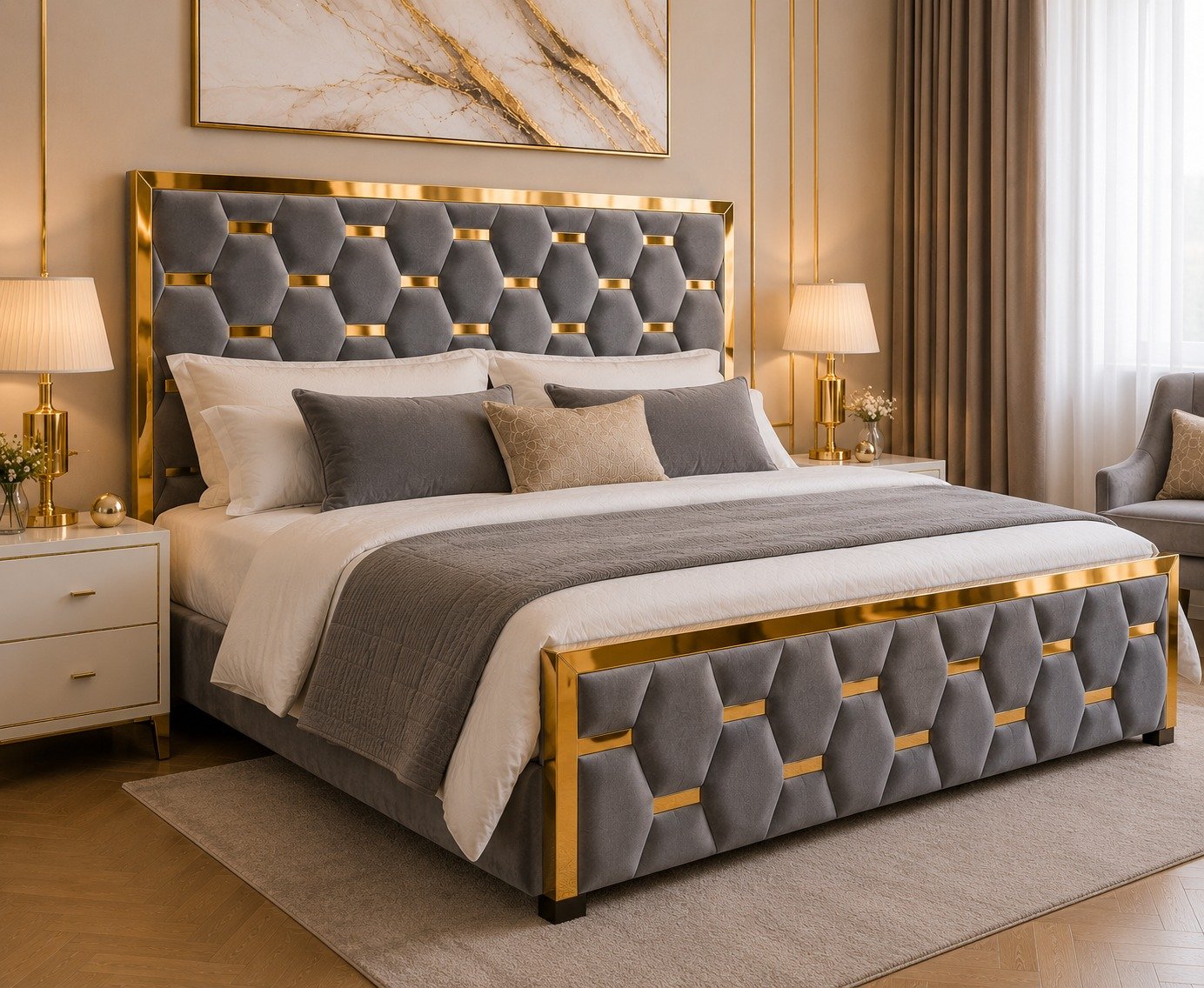 Luxury Bed Frame with 54" Gold Trim Headboard | Plush Fabric Bed Frame with Soft Padded Headboard | Sturdy Wooden Construction | Hotel-Style Tufted Design for Elegant Bedroom Comfort - Image 2