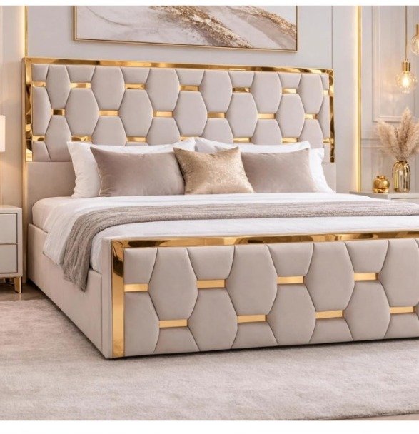 Luxury Bed Frame with 54" Gold Trim Headboard | Plush Fabric Bed Frame with Soft Padded Headboard | Sturdy Wooden Construction | Hotel-Style Tufted Design for Elegant Bedroom Comfort - Image 3
