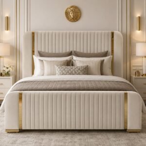 Luxury Monaco Gold Plush Velvet Bed Frame |  Gold Trim Upholstered Bed Frame | Premium Gold Strip Headboard
