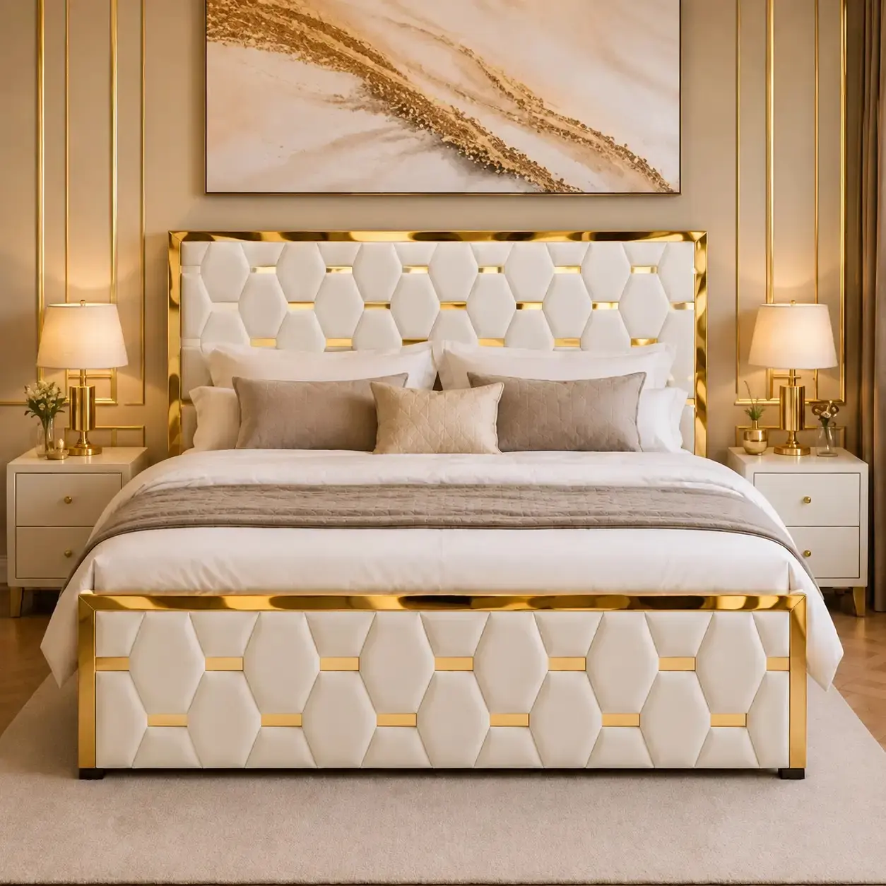 Luxury  Plush Fabric Bed Frame with 54″ Gold Trim Headboard