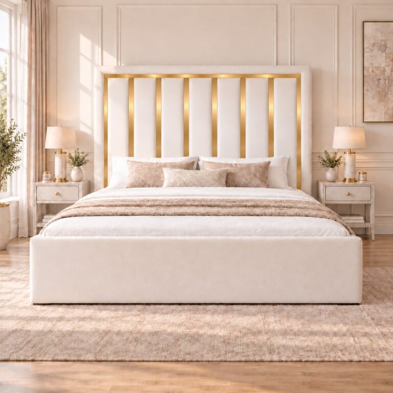Luxury Plush Fabric Bed Frame with 54" Gold Trim Vertical Line Headboard